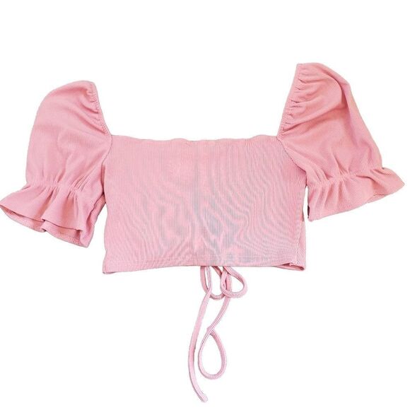 💛 Privy Pink Ribbed Crop Top with Statement Ruffle Sleeves Women's Size Medium - Picture 5 of 6